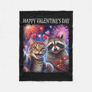 Happy Valentines 2026 Cute Cat Raccoon Party Art  Fleece Blanket