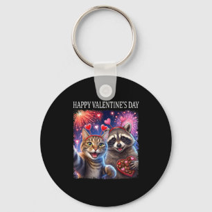 Happy Valentines 2026 Cute Cat Raccoon Party Art  Key Ring