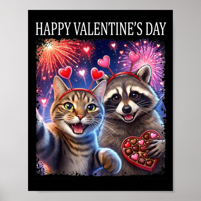 Happy Valentines 2026 Cute Cat Raccoon Party Art  Poster (Front)