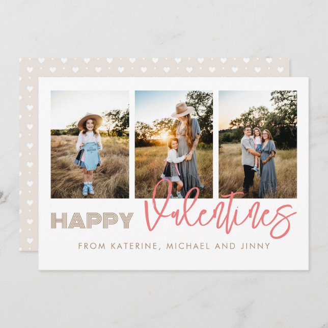 Happy Valentines 3 Photo Collage Family Card (Front/Back)