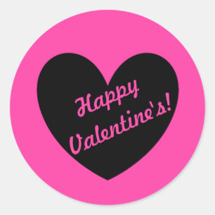 "Happy Valentine's" Black heart on fuchsia pink Classic Round Sticker