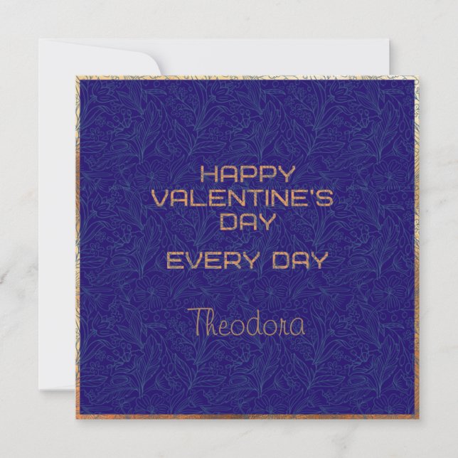 Happy Valentine's Blue Watermark Gold Frame Text Card (Front)