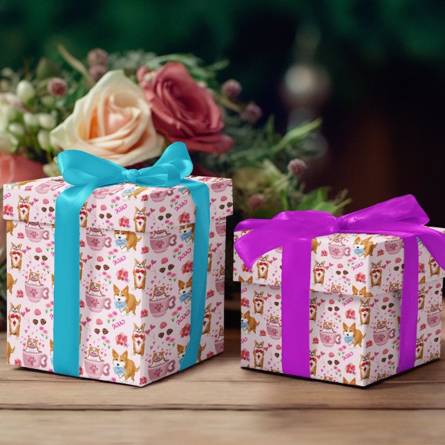 Happy Valentine's Corgi Day Pattern Wrapping Paper Sheet (For your Corgi sweetheart! She will love receiving a gift with this paper decorating it. )