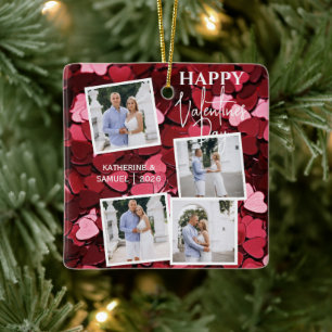 Happy Valentine's Day 4 Photo Collage Red Hearts Ceramic Ornament