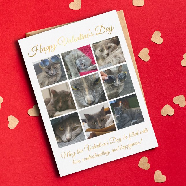 happy valentines day,9 photos cat collage gold  card (Creator Uploaded)