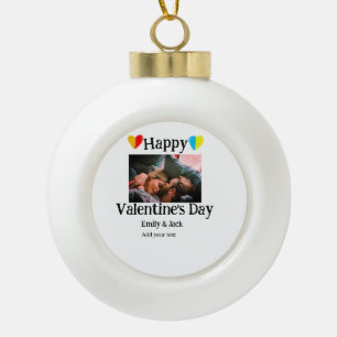Happy valentine's day add couple name photo simple ceramic ball christmas ornament
