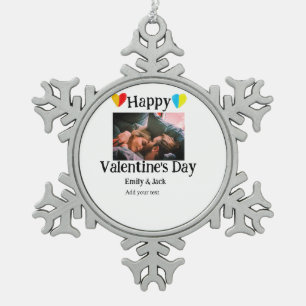 Happy valentine's day add couple name photo simple snowflake pewter christmas ornament