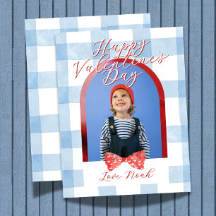 Happy Valentine's Day Arch Photo Blue Gingham Holiday Card