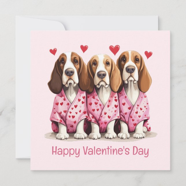 Happy Valentines Day Basset Hound Dogs Holiday Card (Front)