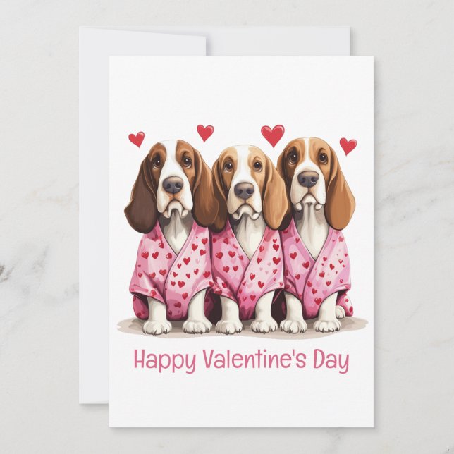 Happy Valentines Day Basset Hound Dogs Holiday Card (Front)