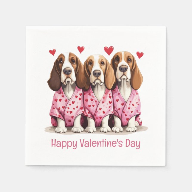 Happy Valentines Day Basset Hound Dogs Napkin (Front)