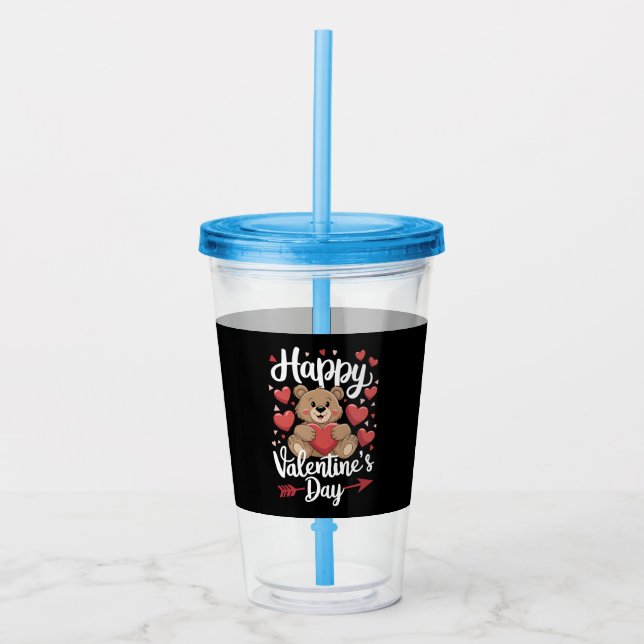 Happy Valentine's Day Bear Heart Cute Couples Acrylic Tumbler (Front)