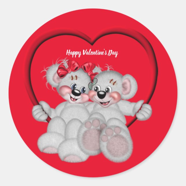 Happy Valentine's Day Bears Classic Round Sticker (Front)
