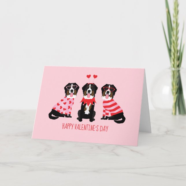 Happy Valentines Day Bernese Mountain Dogs Holiday Card (Front)