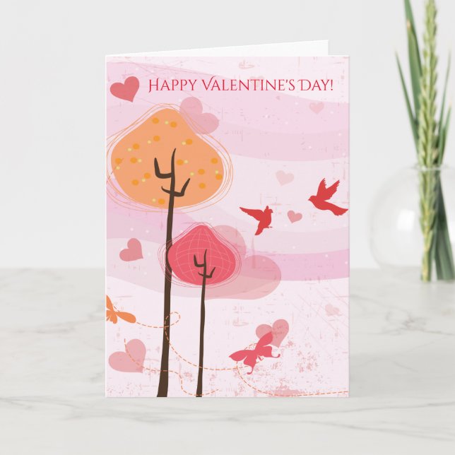 Happy Valentine's Day Birds Butterflies Trees Holiday Card (Front)