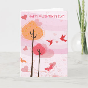 Happy Valentine's Day Birds Butterflies Trees Holiday Card