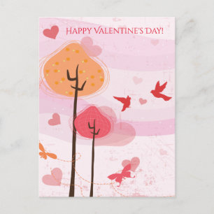 Happy Valentine's Day Birds Butterflies Trees Holiday Postcard