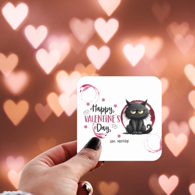 Happy Valentines Day Black Cat With Wine Stains Square Sticker (Creator Uploaded)