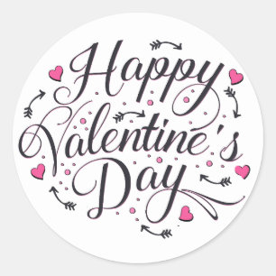 Happy Valentine's Day Black Pink Hearts Arrow Classic Round Sticker
