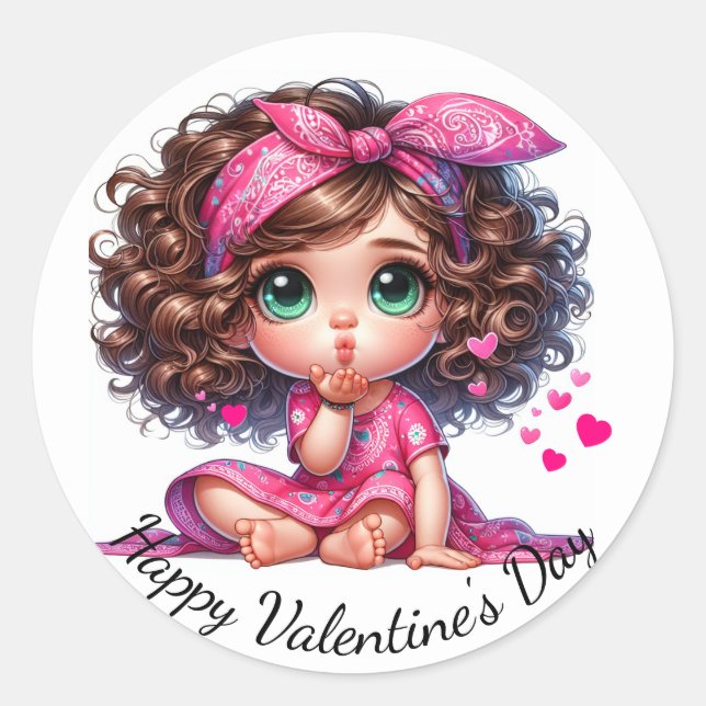 Happy Valentine's Day Blowing Kisses Classic Round Sticker (Front)