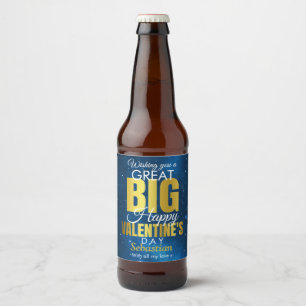 Happy Valentines Day Blue Gold Modern Beer Bottle Label