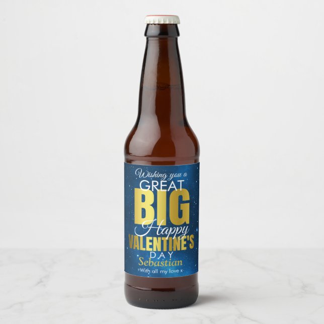 Happy Valentines Day Blue Gold Modern Beer Bottle Label (Front)