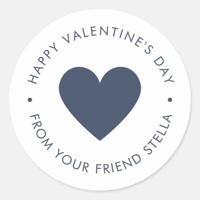 Happy Valentine's Day Blue Heart  Classic Round Sticker (Front)