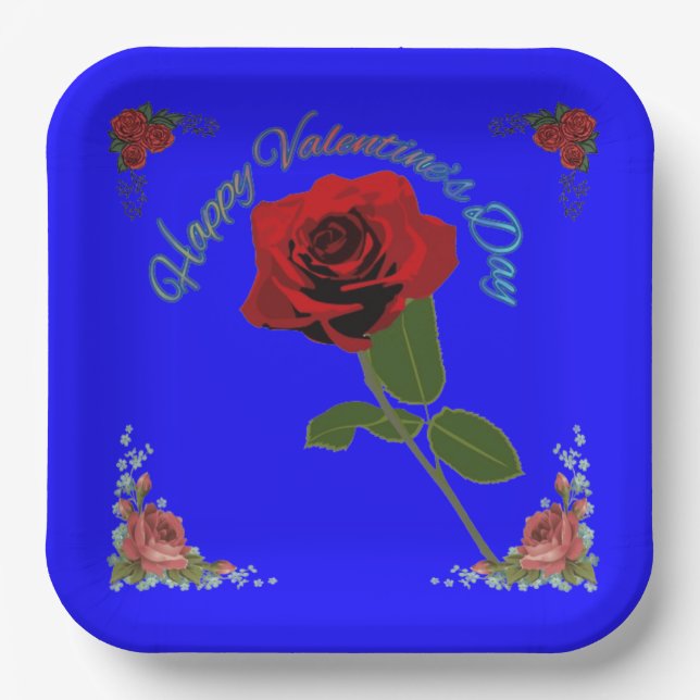 Happy valentine's day blue paper plate (Front)