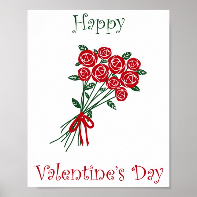 Happy Valentines Day Bouquet Of Red Flowers Poster (Front)