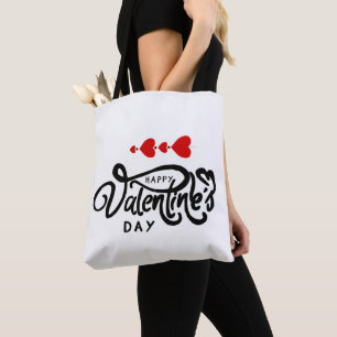Happy Valentines Day calligraphy Red Hearts Arrows Tote Bag