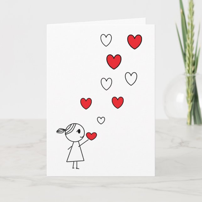 Happy Valentine's Day Card Girl Throwing Hearts (Front)