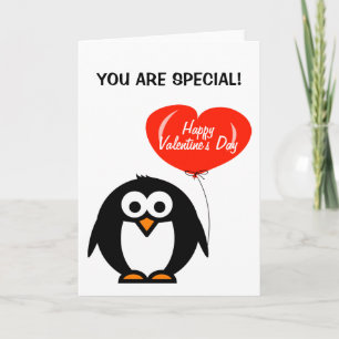 Happy Valentines day card penguin and balloon