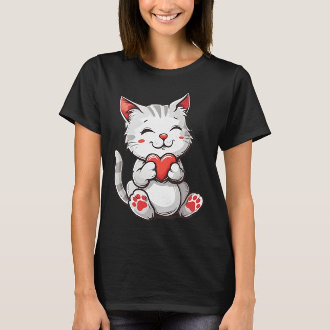 Happy Valentine's Day Cat Holding Heart T-Shirt (Front)