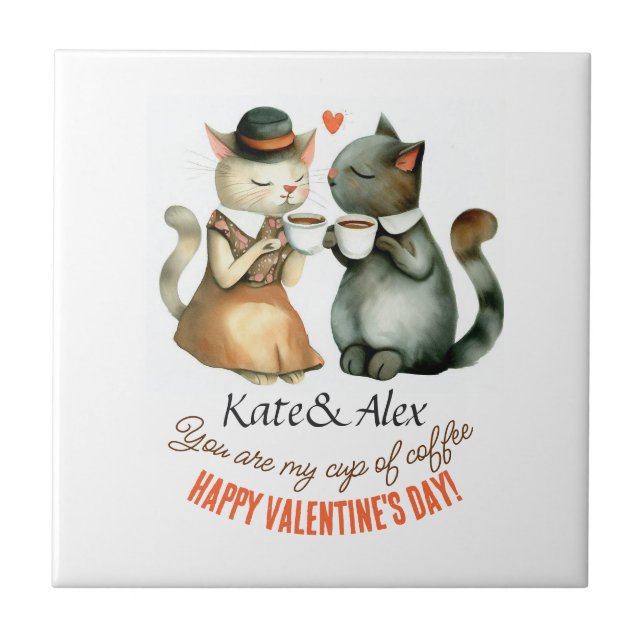 Happy Valentine's Day Cats Ceramic Tile (Front)