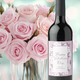 Happy Valentine's Day Chic Light Pink Floral Party Wine Label