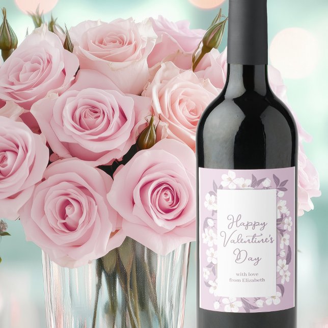Happy Valentine's Day Chic Light Pink Floral Party Wine Label (Creator Uploaded)