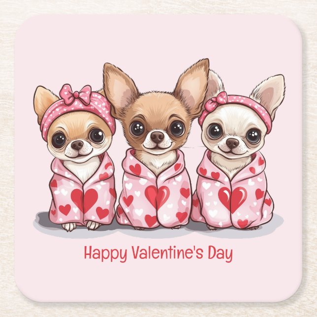 Happy Valentines Day Chihuahua Dogs Square Paper Coaster (Front)