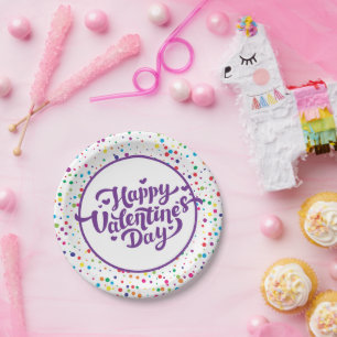 Happy Valentine's Day Colourful Confetti Paper Plate