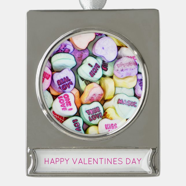 Happy Valentines Day Conversation Hearts Photo Art Silver Plated Banner Ornament (Front)