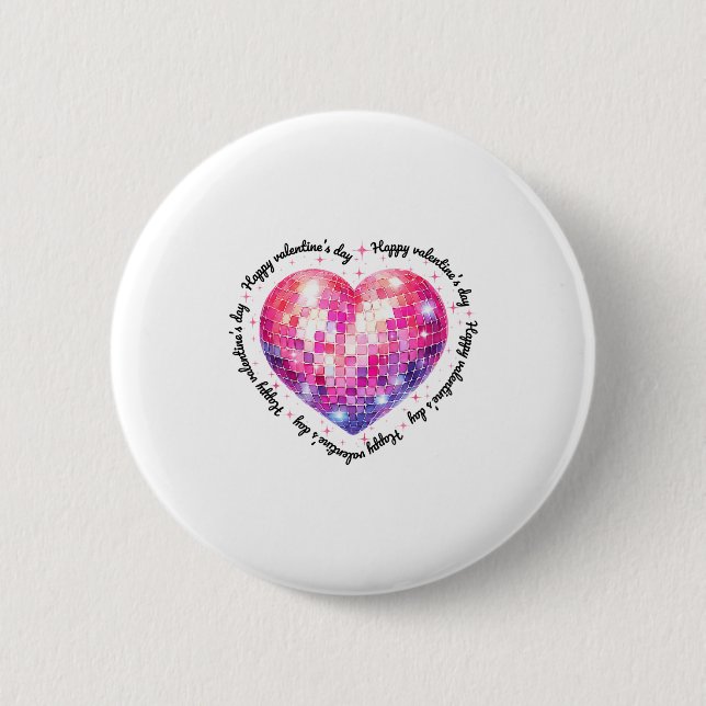 Happy Valentine's Day Coquette Nk Disco Ball Heart 6 Cm Round Badge (Front)