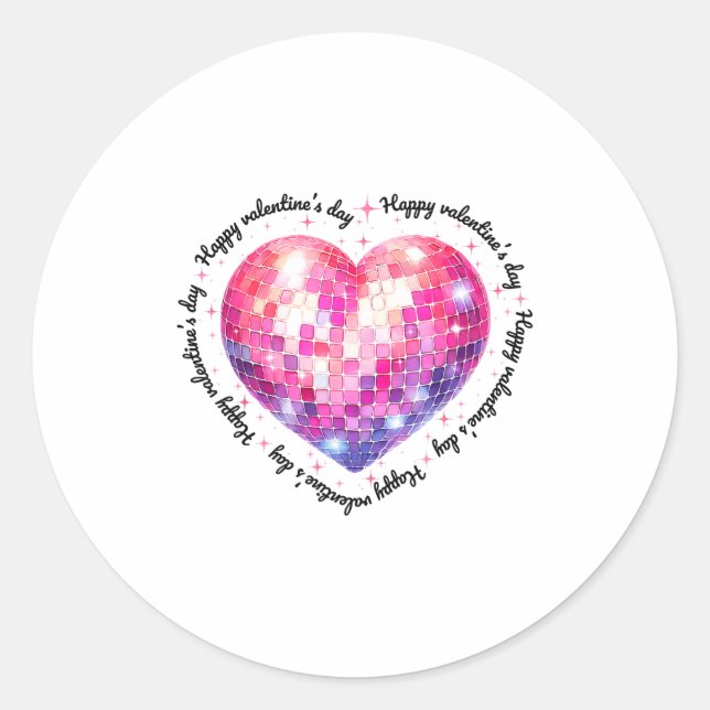 Happy Valentine's Day Coquette Nk Disco Ball Heart Classic Round Sticker (Front)