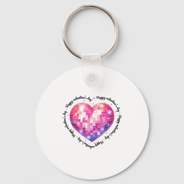 Happy Valentine's Day Coquette Nk Disco Ball Heart Key Ring (Front)