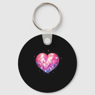 Happy Valentines Day Coquette Pink Disco Ball Hear Key Ring