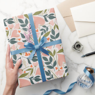 Happy Valentines Day Coral Hearts Botanical Floral Wrapping Paper