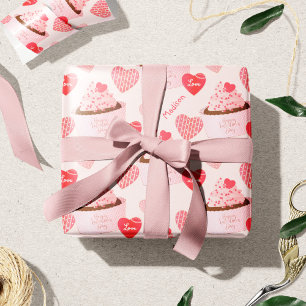 Happy Valentine's Day Cupcake and Hearts Pattern Wrapping Paper
