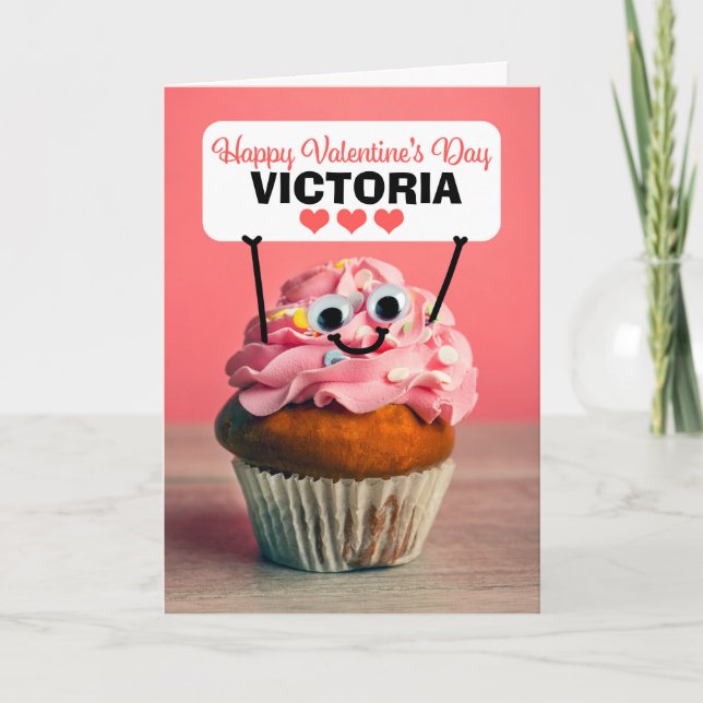 Happy Valentines Day Custom Name Cute Cupcake Holiday Card (Front)