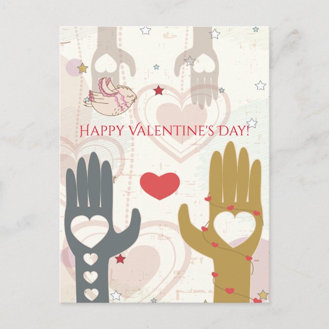 Happy Valentine's Day Cute Bird Helping Hands Holiday Postcard (Front)