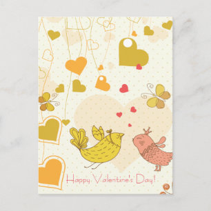 Happy Valentine's Day Cute Birds Hearts Butterfly Holiday Postcard