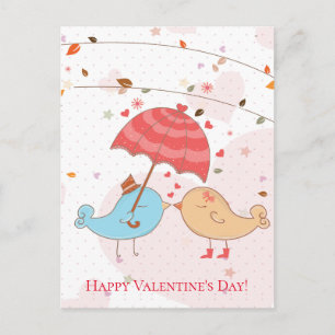 Happy Valentine's Day Cute Birds Hearts Umbrella Holiday Postcard