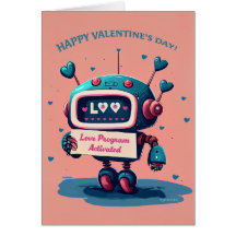 Happy Valentines Day Cute Blue Robot, Hearts Fun 